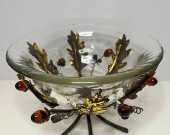 Vintage Large Thick Glass Bowl with Brass Holly Leafs for Drink Or Serving Xmas