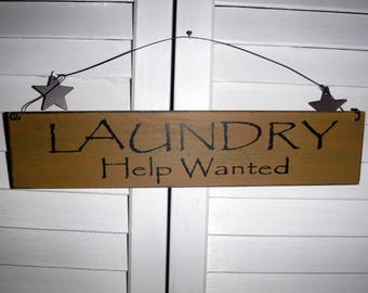 11" X 2 1/2" Inch Country LAUNDRY Help Wanted Sign Wood Wall Hanger Stress Metal Star