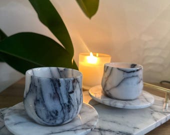 Handcrafted Lilac Marble Tea Cup & Saucer: Modern Turkish Coffee Mug