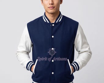 Gepersonaliseerde marineblauwe Varsity-jas | Letterman-bomberjas op maat | Schooluniversiteitsjack met geborduurd logo en naam