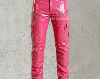Pinke PVC Hose | Glänzende PVC Hose | Glanz PU Hose | Slim Fit Street | Hochglänzende Lackhose im Wet-Look
