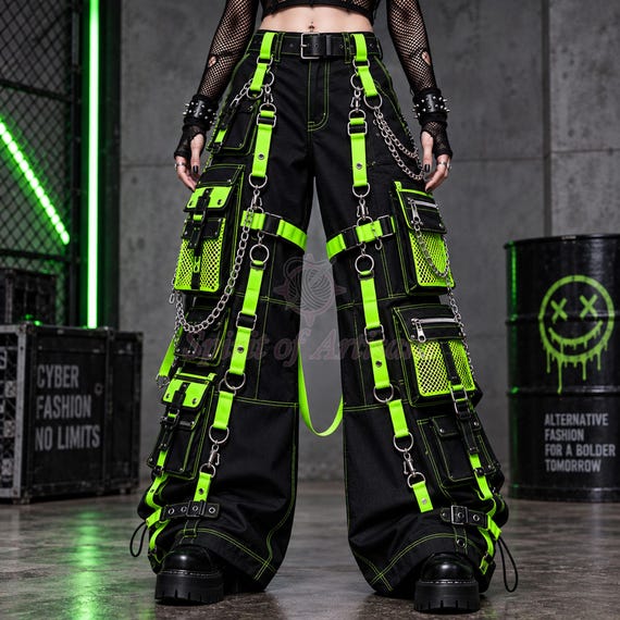 Black Neon Green Techwear Pants, Contrast Stitch Cyberpunk Cargo Pants Unisex , Gothic Rave Pants, Punk Utility Trousers,Festival Streetwear