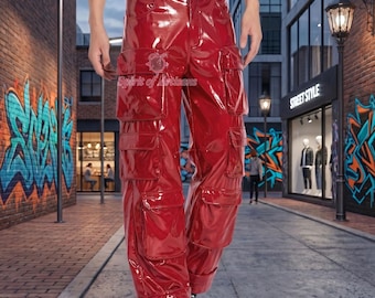 Glanzend rode pvc-broek - wetlook pvc-cargobroek - Cyberpunk Techwear-broek met wijde pijpen