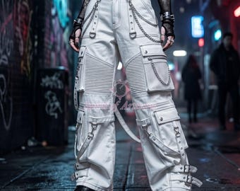 May include: White cargo pants featuring multiple utility pockets, silver-toned metal chains, and adjustable buckled straps. The pants include a black belt with a pentagram buckle, ribbed knee panels, and reinforced stitching throughout the design.
