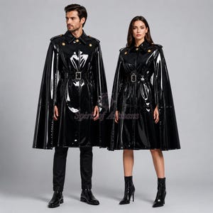Black PVC Cape Coat, Unisex Vinyl Raincoat, Vinyl Military Style Coat with Cape Sleeves, Gothic Patent Leather Look Belted Trench Coat