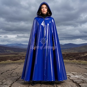 PVC-Regencape für Damen, langer Vinyl-Poncho mit Kapuze, wasserdichtes Regencape, glänzender Umhang, handgefertigtes Regencape