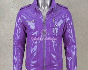 Handgefertigte PVC Bikerjacke | Glänzender Lackleder-Look-Zip-Mantel | Gothic, Punk, Cyberpunk Streetwear Jacke | Wet Look Jacke