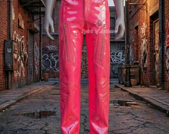 Felroze pvc-broek | Uniseks glanzende PVC-broek | Glanzende PU-broek | Statementbroek met slim-fit pasvorm | Hoogglanzende broek van imitatieleer