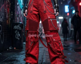 Unisex Gothic Pants with Chains and Straps, Cotton Punk Multi Pocket Trousers - Alt Clothing Cyberpunk Techwear Wide Leg Pants