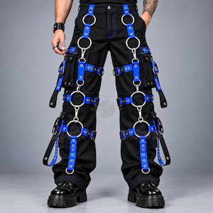 Pantalon utilitaire punk pour homme, pantalon à jambes larges avec sangles et anneaux, style streetwear alternatif, pantalon de festival rave fait main, coupe personnalisée