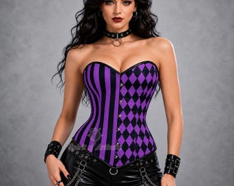 May include: A strapless corset featuring a split design with vertical purple and black stripes on one side and a purple and black diamond pattern on the other. The garment includes a front busk closure, a black choker, and black wrist cuffs.