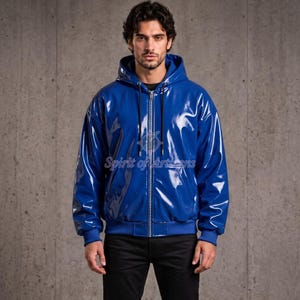 Men's Blue PVC Hoodie Jacket, Glossy Vinyl Zip Up Hooded Jacket, Vinyl Hoodie Style with Drawstring, Oversized Hooded Top