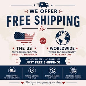 May include: A graphic sign with dark blue and red text on a light background. It features a truck icon, a map of the US, and a globe. Text includes WE OFFER FREE SHIPPING to THE US and WORLDWIDE, NO HIDDEN FEES, and icons for delivery services.