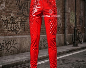 Pantaloni da uomo in PVC rosso con lacci – Vestibilità slim unisex - Pantaloni in similpelle lucida | Pantaloni in vernice - Pantaloni stile gotico, punk, abbigliamento da club