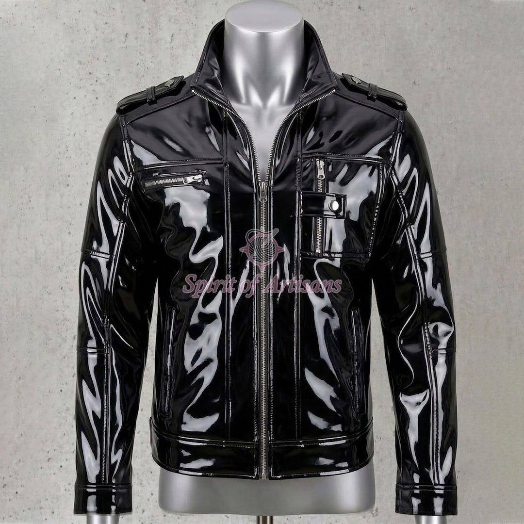 Handmade Men’s PVC Biker Jacket | Glossy Patent Leather Look Zip-up ...