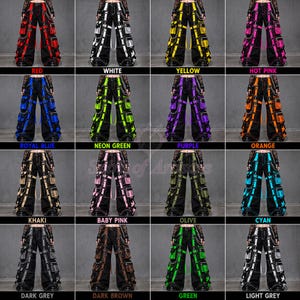 May include: A collection of sixteen wide-leg cargo pants in various colors including red, white, yellow, hot pink, royal blue, neon green, purple, orange, khaki, baby pink, olive, cyan, dark grey, dark brown, green, and light grey with straps.