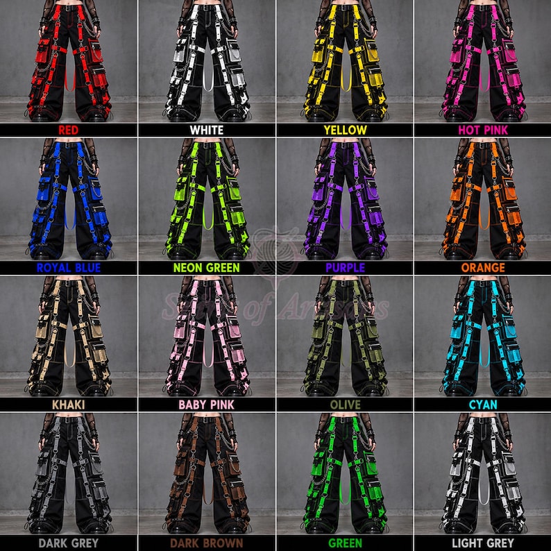 May include: A collection of sixteen wide-leg cargo pants in various colors including red, white, yellow, hot pink, royal blue, neon green, purple, orange, khaki, baby pink, olive, cyan, dark grey, dark brown, green, and light grey with straps.