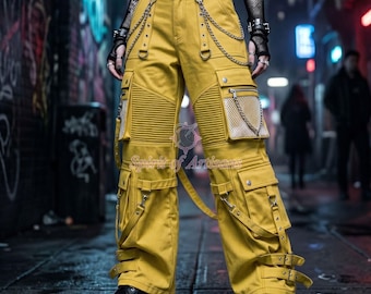 Gothic Cargo Pants with Chains and Straps, Yellow Cotton Punk Multi Pocket Trousers - Alt Clothing Cyberpunk Techwear Wide Leg Pants