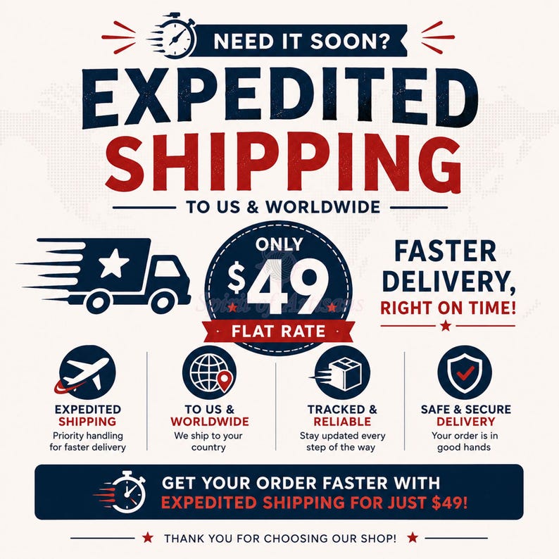 May include: A graphic advertisement featuring the text NEED IT SOON? EXPEDITED SHIPPING TO US & WORLDWIDE. It includes icons of a truck, airplane, globe, package, and shield, with the text ONLY $49 FLAT RATE and FASTER DELIVERY, RIGHT ON TIME!