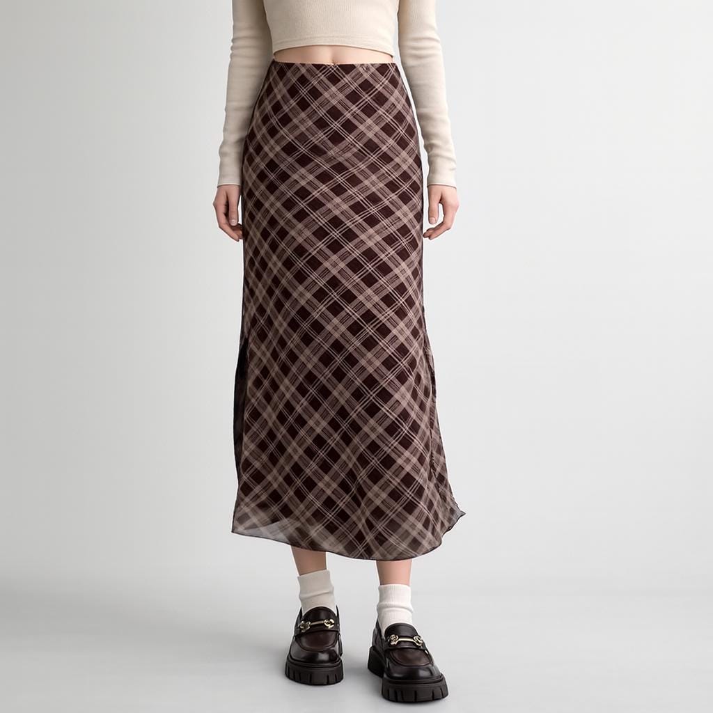 Vintage geruite maxi-rok voor dames, hoge taille, tartan, geplooid, A