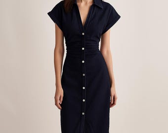 sachin and babi light blue dress Spring Summer 2026 New Vintage Embroidered Cardigan Dress Slim Fit Single  Neck Strap Denim Dress | Color : Blue | Size : M main image 1