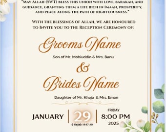 Muslim Wedding Invitation- Islamic Reception Invite - Editable Canva Template - Floral Nikah Invitation -Instant Download
