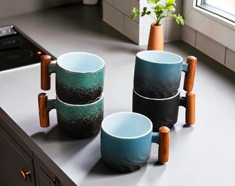 Coffee  Cup  Ceramic Tea Mug with Wooden Handle,