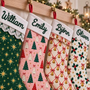 Christmas Stocking with Name, Personalized Bow Stocking, Red Green Pink Holiday Decor, Custom Family Christmas Gifts, Festive Mantel Display
