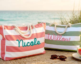 Bolsa de playa personalizada con cremallera, bolsa impermeable para piscina, bolsa de viaje bordada para chicas, regalo de vacaciones de verano, bolsa de lona a rayas.