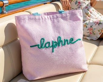 Bolso de playa personalizado, bolso tote de seersucker, bolso de viaje para vacaciones, bolso de vacaciones tropicales, bolso de playa a rayas, bolso bordado para la piscina, bolso tote para crucero