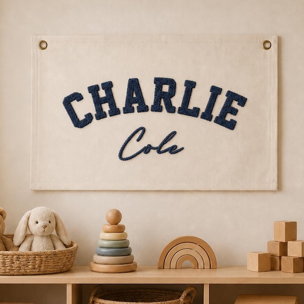 Custom Name Pennant Flag for Wall, Personalized Kids Room Banner, Embroidered Baby Name Sign, Nursery Decor, Birthday Gift