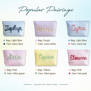Puede incluir: Imagen que muestra seis neceseres personalizados con nombres bordados. Las bolsas vienen en varios colores, incluyendo azul claro, morado, rosa y amarillo, con colores de hilo coordinados. El texto "Popular Pairings" est&aacute; en la parte superior.