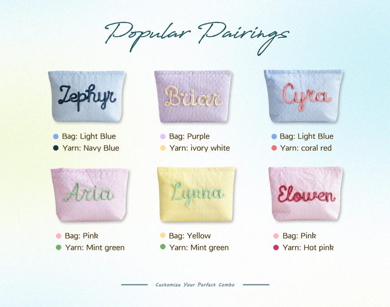 Puede incluir: Imagen que muestra seis neceseres personalizados con nombres bordados. Las bolsas vienen en varios colores, incluyendo azul claro, morado, rosa y amarillo, con colores de hilo coordinados. El texto "Popular Pairings" est&aacute; en la parte superior.