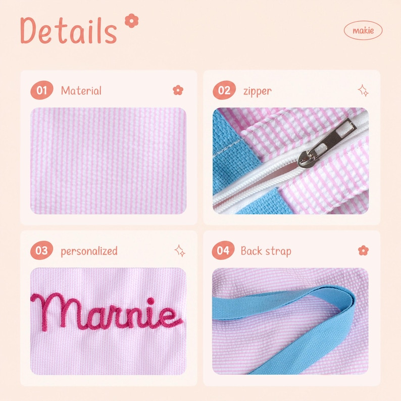 May include: A product detail sheet titled Details with four panels showing a pink and white gingham fabric, a white zipper on gingham fabric with blue trim, the name Marnie embroidered in pink thread, and a blue fabric back strap on gingham.