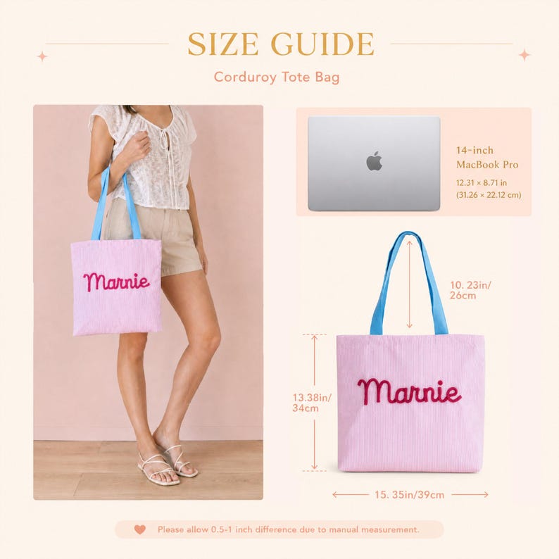 May include: A light pink corduroy tote bag with blue handles and the name Marnie embroidered in dark pink script. The bag measures 13.38 inches by 15.35 inches with a 10.23 inch handle drop, shown alongside a 14-inch MacBook Pro for scale.