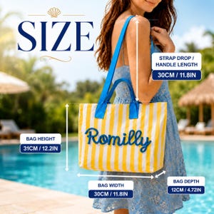 May include: A yellow and white striped tote bag with blue handles and the name Romilly in blue script. Dimensions are 12.2 inches in height, 11.8 inches in width, 4.72 inches in depth, and an 11.8-inch strap drop, as indicated by measurement lines.