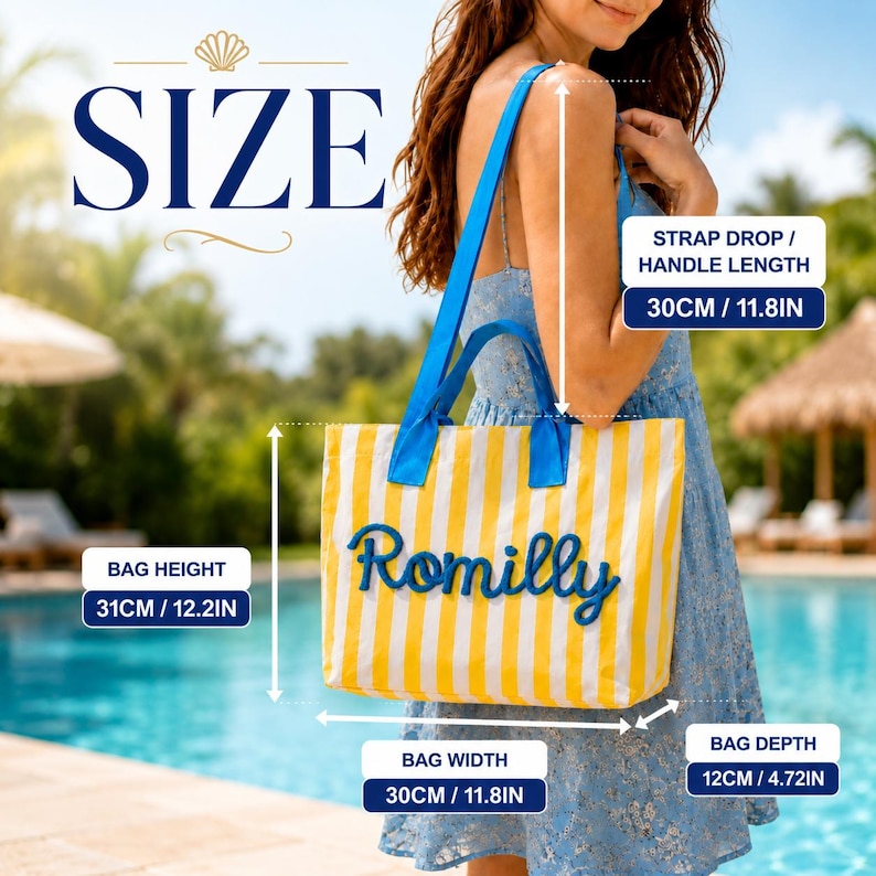 May include: A yellow and white striped tote bag with blue handles and the name Romilly in blue script. Dimensions are 12.2 inches in height, 11.8 inches in width, 4.72 inches in depth, and an 11.8-inch strap drop, as indicated by measurement lines.