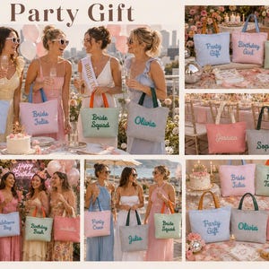 May include: A collection of personalized canvas tote bags featuring embroidered text such as Party Gift, Birthday Girl, Mrs. Taylor, Bride Julia, Bride Squad, Olivia, Jessica, Sophie, Marnie, Birthday Bash, Isabella, Party Crew, and Julia with colorful handles.