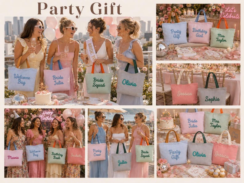 May include: A collection of personalized canvas tote bags featuring embroidered text such as Party Gift, Birthday Girl, Mrs. Taylor, Bride Julia, Bride Squad, Olivia, Jessica, Sophie, Marnie, Birthday Bash, Isabella, Party Crew, and Julia with colorful handles.