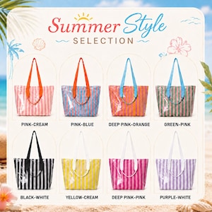 May include: A collection of eight striped tote bags displayed on a sign titled Summer Style Selection. The bags feature various color combinations including pink-cream, pink-blue, deep pink-orange, green-pink, black-white, yellow-cream, deep pink-pink, and purple-white.