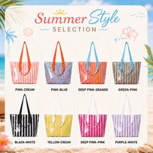 K&ouml;nnte beinhalten: Eine Kollektion von acht gestreiften Tragetaschen auf einem Schild mit der Aufschrift Summer Style Selection. Die Taschen weisen verschiedene Farbkombinationen auf, darunter Rosa-Creme, Rosa-Blau, Dunkelrosa-Orange, Gr&uuml;n-Rosa, Schwarz-Wei&szlig;, Gelb-Creme, Dunkelrosa-Rosa und Lila-Wei&szlig;.