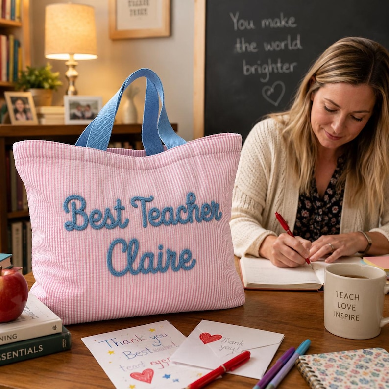 May include: A pink and white seersucker tote bag with light blue fabric handles. The front of the bag features the embroidered blue text "Best Teacher Claire" in a cursive font. The bag has a structured rectangular shape with a flat base.