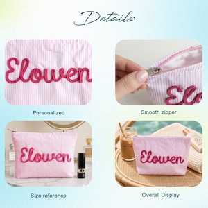 Puede incluir: Bolsa de cosm&eacute;ticos a rayas rosas y blancas con el nombre "Elowen" bordado en cursiva. La bolsa tiene una cremallera suave y se muestra en varias vistas, incluida una referencia de tama&ntilde;o y una vista general.