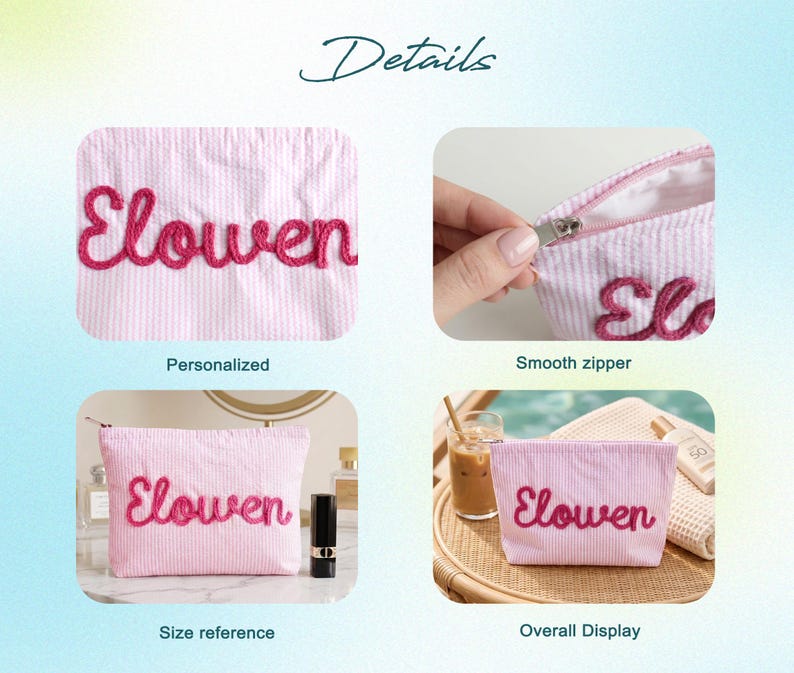 Puede incluir: Bolsa de cosm&eacute;ticos a rayas rosas y blancas con el nombre "Elowen" bordado en cursiva. La bolsa tiene una cremallera suave y se muestra en varias vistas, incluida una referencia de tama&ntilde;o y una vista general.