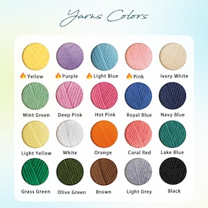 Puede incluir: Una carta de colores que muestra los colores de los hilos, incluyendo amarillo, morado, azul claro, rosa y blanco marfil. Los colores adicionales son verde menta, rosa intenso, rosa fuerte, azul real y azul marino. Otros colores son amarillo claro, blanco, naranja, rojo coral y azul lago. La carta tambi&eacute;n muestra verde hierba, verde oliva, marr&oacute;n, gris claro y negro.