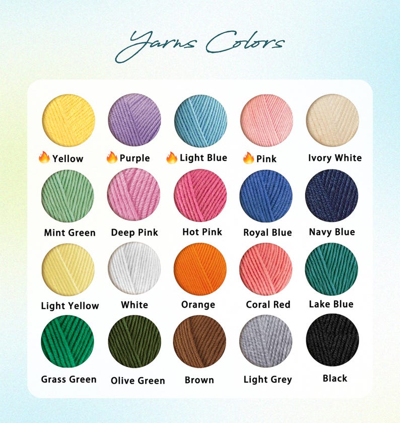 Puede incluir: Una carta de colores que muestra los colores de los hilos, incluyendo amarillo, morado, azul claro, rosa y blanco marfil. Los colores adicionales son verde menta, rosa intenso, rosa fuerte, azul real y azul marino. Otros colores son amarillo claro, blanco, naranja, rojo coral y azul lago. La carta tambi&eacute;n muestra verde hierba, verde oliva, marr&oacute;n, gris claro y negro.