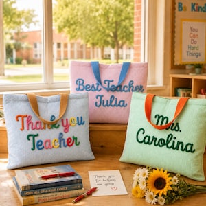 Teacher Tote Bag Personalized Name, Custom Embroidered Striped Tote, Teacher Appreciation Gift, Back to School Tote Gift image 1