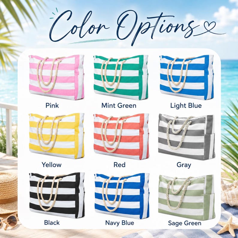 Custom Beach Bag with Zipper, Personalized Waterproof Pool Tote, Embroidered Girls Trip Bag, Summer Vacation Gift, Striped Canvas Tote image 6