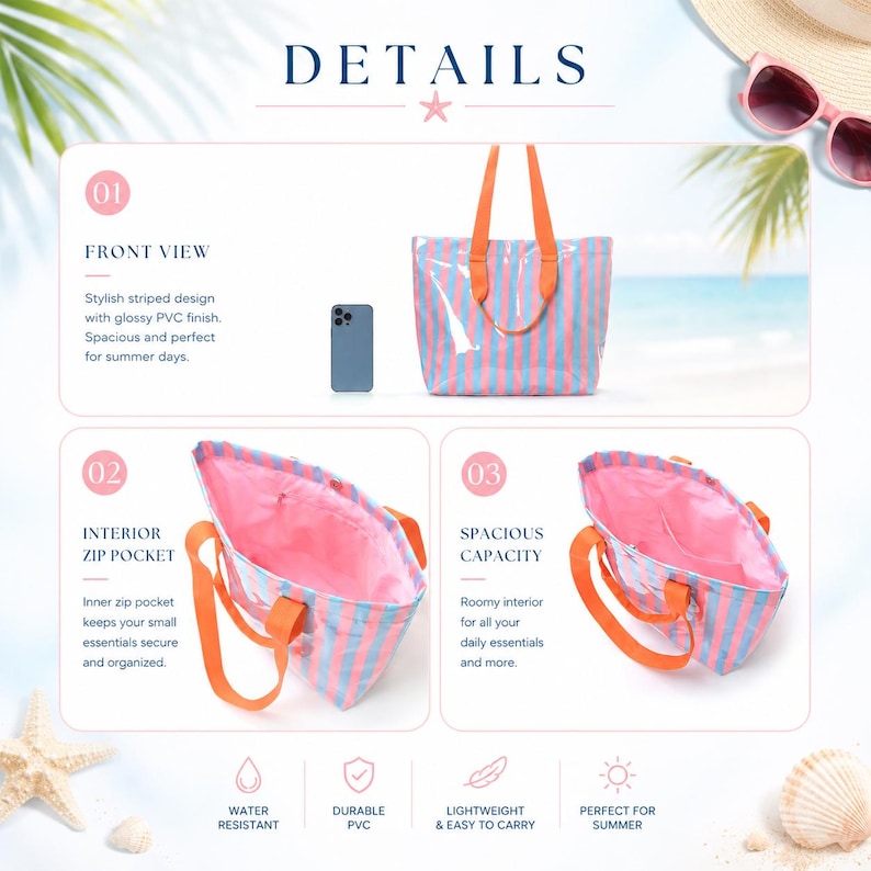 May include: A tote bag featuring vertical light blue and pink stripes with orange handles. The bag has a glossy PVC finish, an open top, and a pink interior lining with a zippered pocket. The design includes a front view and interior views.