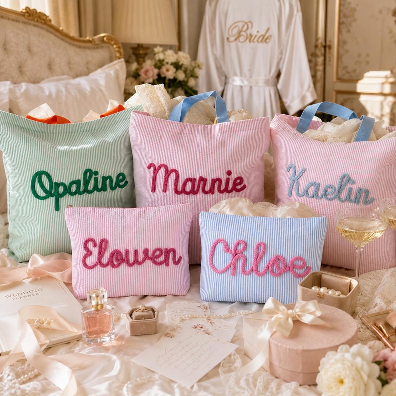 May include: Three large seersucker tote bags in mint, pink, and light pink with blue handles, featuring embroidered names Opaline, Marnie, and Kaelin. Two smaller matching pouches in pink and blue feature the embroidered names Elowen and Chloe.
